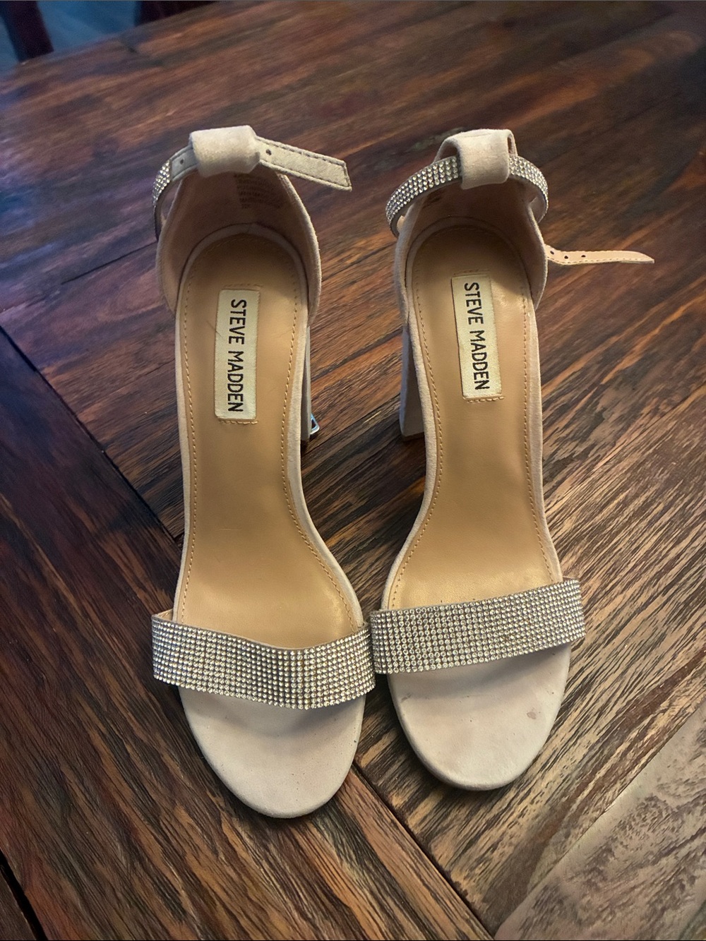 Steve Madden Nude Rhinestone Block-Heel Sandals